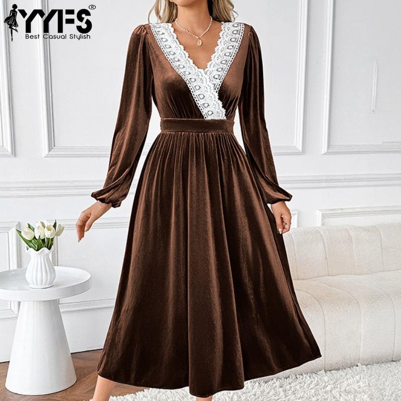 YYFS Damenmode Frühling Herbst Langarm V-Ausschnitt Hohe Taille Freizeitkleider