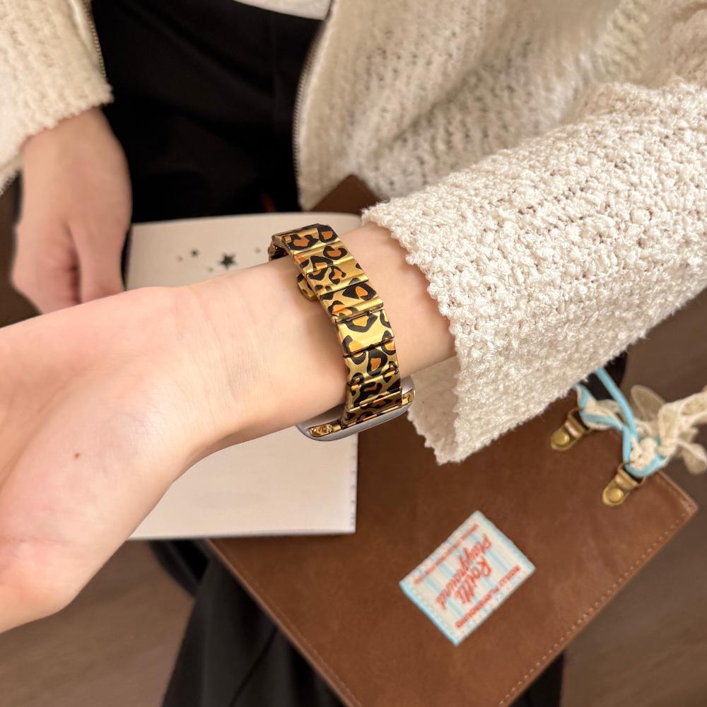 Luxury Leopard Print Resin Metal Strap For Apple Watch Ultra3 Band 49mm Slim Strap for iWatch Series 11 10 9 8 SE3 38/40/41/42/44/45/46 Woman Bracelet
