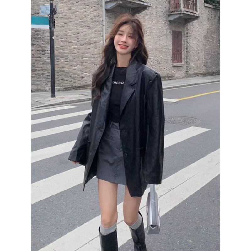 Women Black Vintage PU Leather Blazer Spring Autumn Retro Stylish Elegant Oversized Jacket