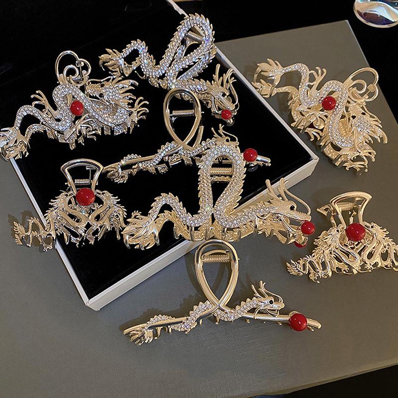 Haarspangen im chinesischen Stil, Sternzeichen Drache, Haarschmuck für Frauen und Mädchen, rote Perle, Legierung, Strass, Haarklammer, Modeschmuck