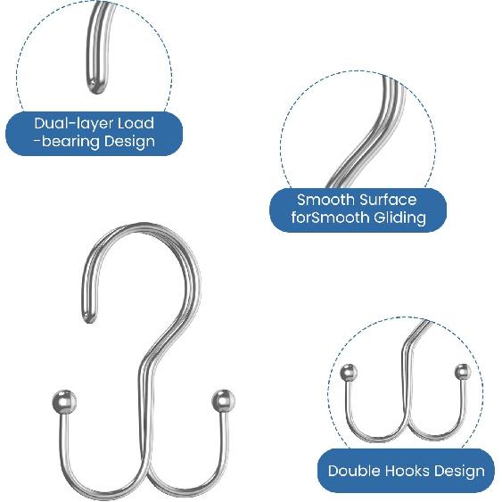 Chrome Shower Curtain Hooks Double Sided,Rust Proof Double Shower Curtain Rings for Bathroom Shower Rods, Anti-Drop Double Shower Rings for Curtain,