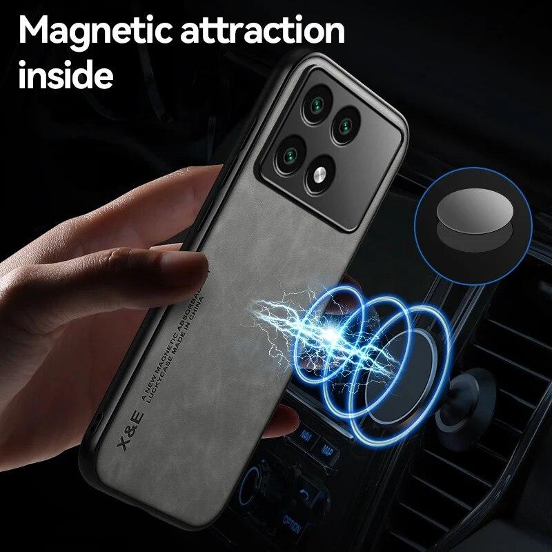 Luxury PU Leather Case For Xiaomi Poco X6 Pro Cover Magnetic Car Holder Silicone Protection Phone Case For Poco X5 X4 Pro 5G