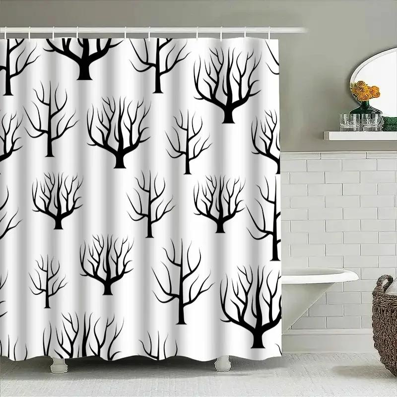 Artistic Bathroom Decor: Black Tree Pattern Shower Curtain Set For Bathtub Or Kitchen With Metal Rods Modern Home Accessories In
