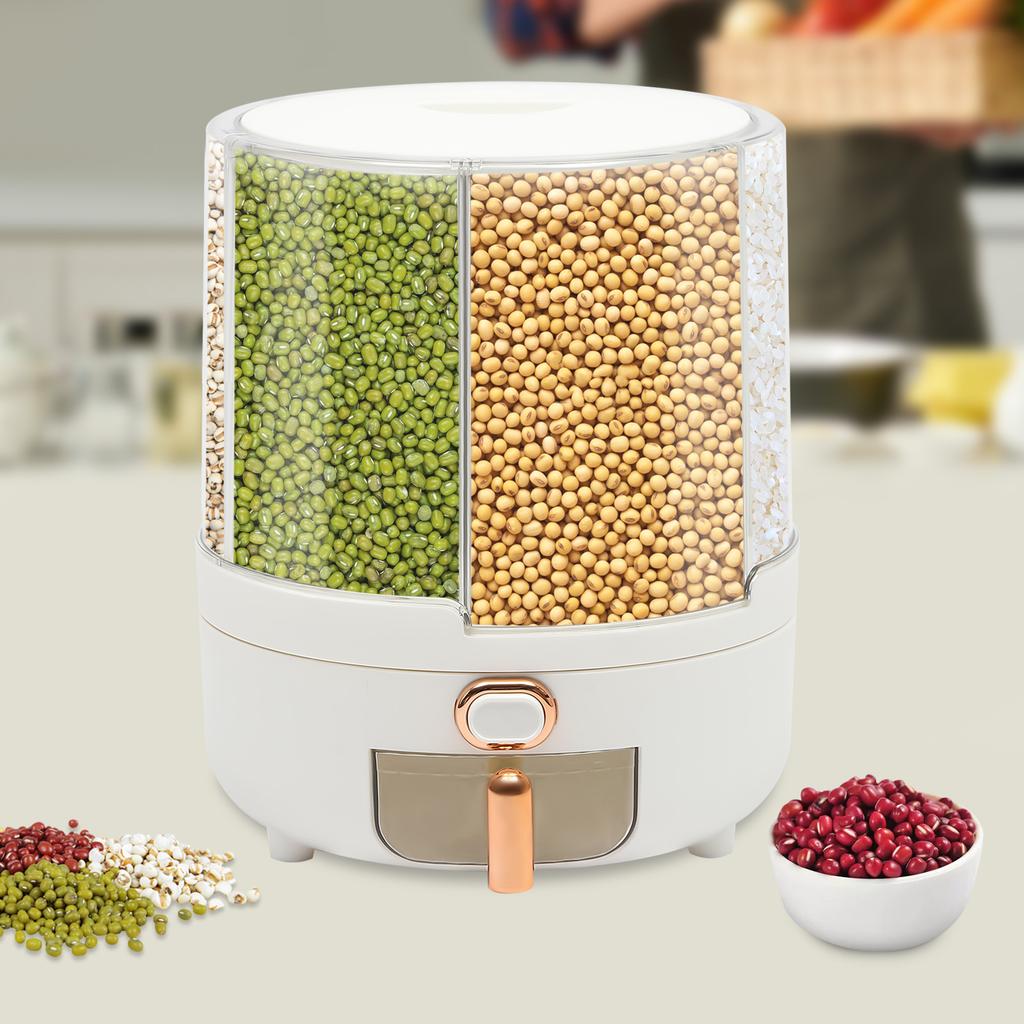 6 Compartment Kitchen Grain Storage Container, White Rotating Dry Food Dispenser for Rice, Beans, Pasta, Cereal, Oats, Flour