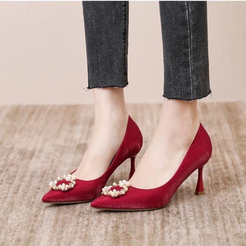 Fashion Ladies Pumps On Heeled with Crystals Pointed Toe Pearl Diamond Rhinestone Stilito Women's Shoes High Heels 39 Genuine Mark Sale
