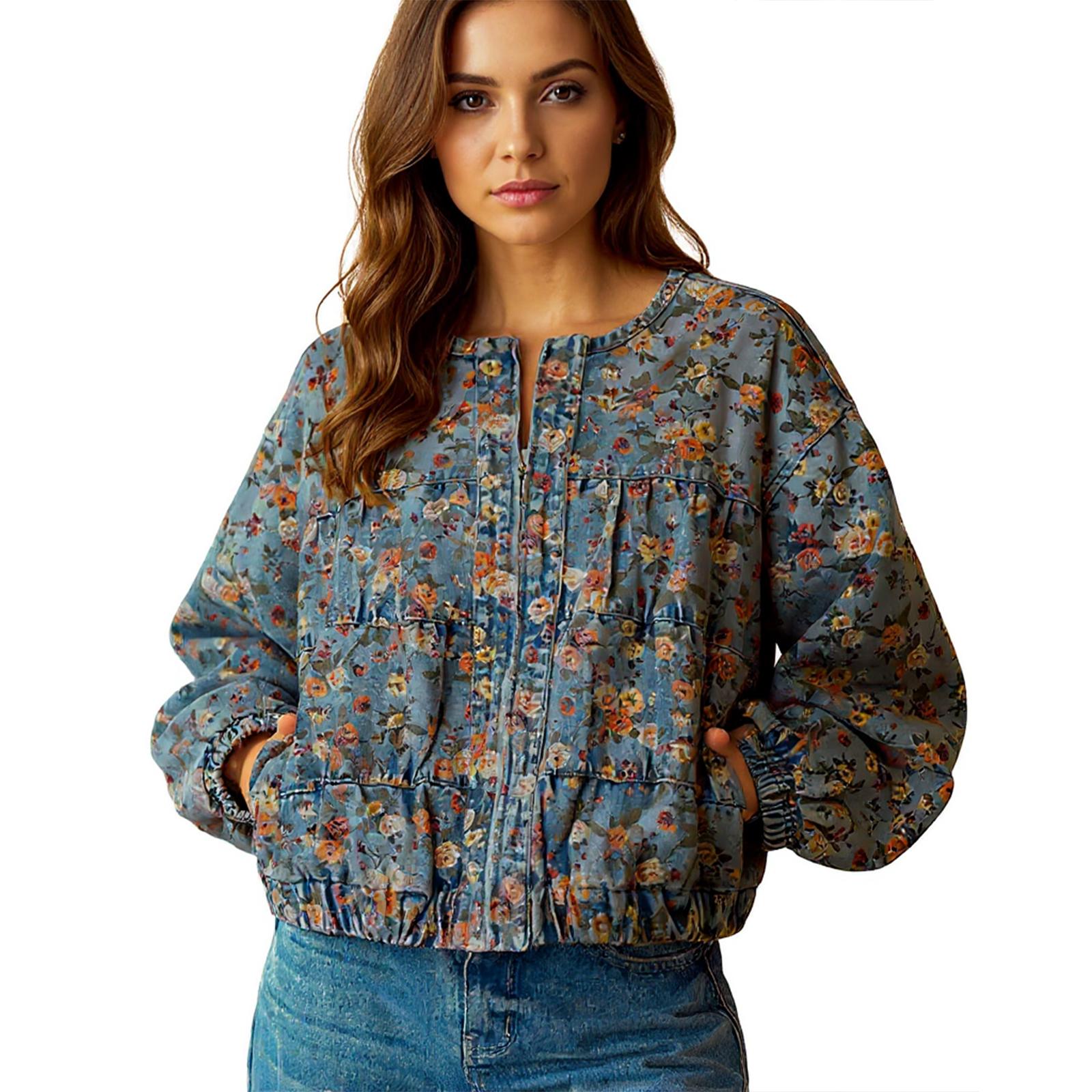 

Printed Denim Jacket Loose Long Sleeved Retro Floral Batfly Sleeve Washed Denim Jacket For Women L синій