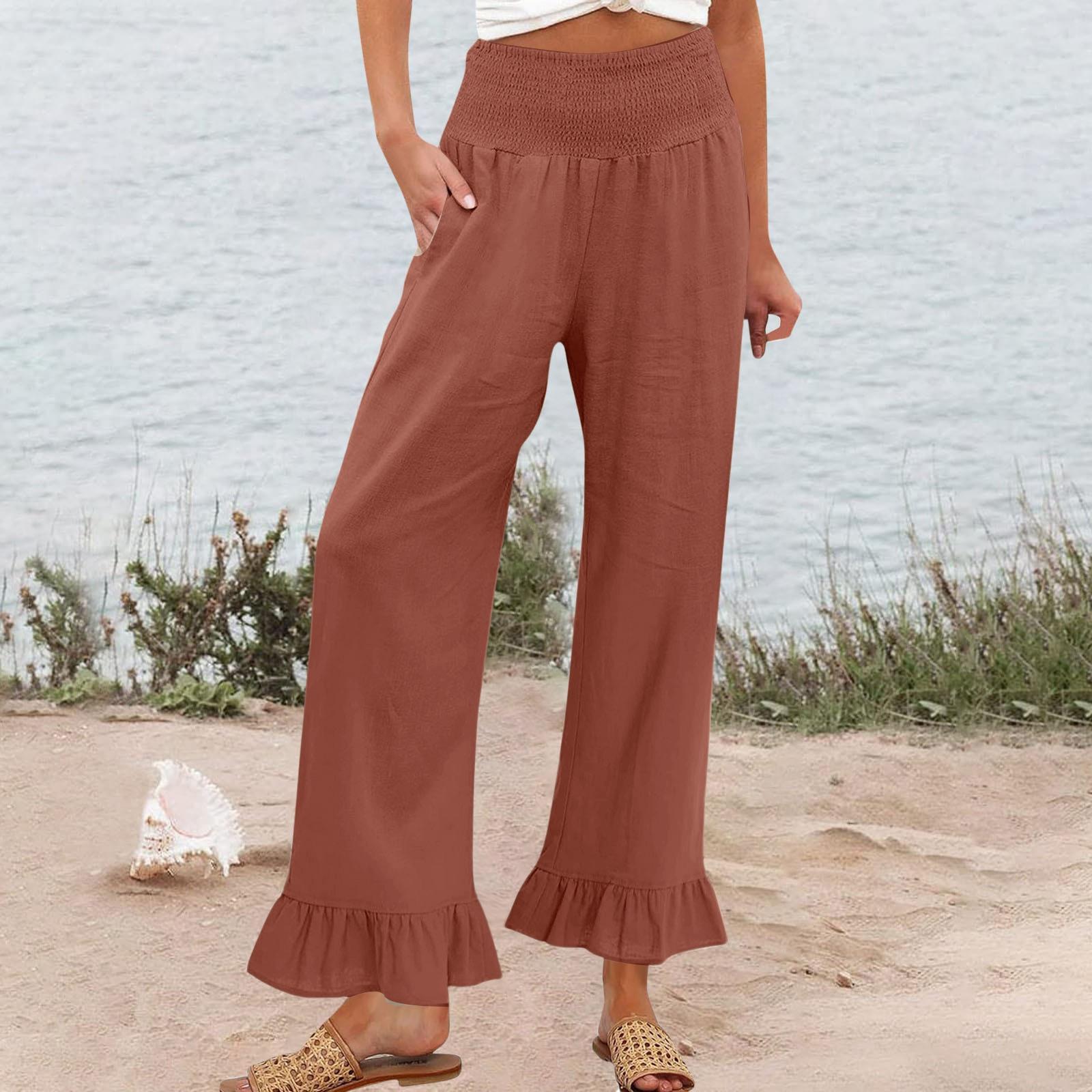 

Wide Leg Linen Pants Women Elastic Waist Ruffle Hem Casual Sweatpants Women Yoga Pants Women Loose Fit Lightweight Pants for Women L