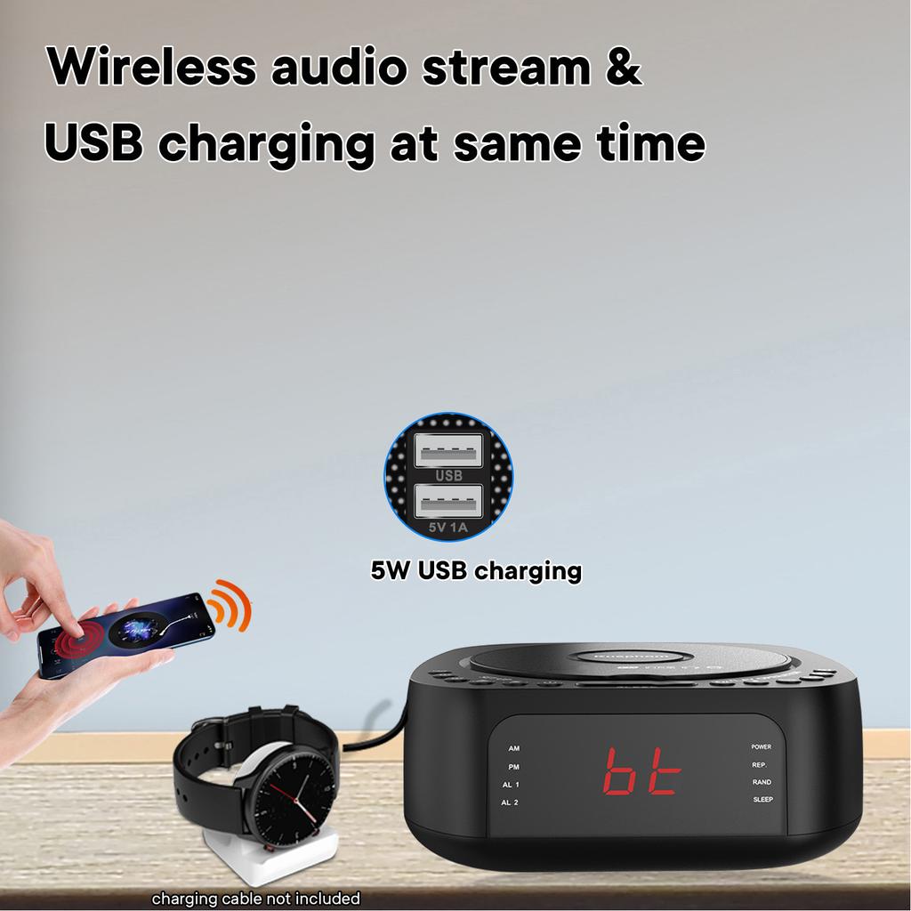 CD Player Alarm Clock USB Charging Dimmable Display Desktop Bluetooth Radio CD Player with Speaker Remote Control for Bedroom