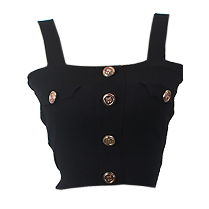 Bajia Metal Buckle Black Camisole Women's Summer Short Inner Wear Silm Sexy Knitting Tops