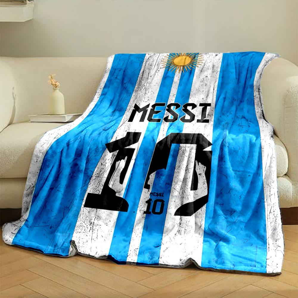 Strisce verticali blu e bianche, emblema del sole, testo "Messi", design numero 10. coperta per tutte le stagioni coperta per pausa pranzo regalo