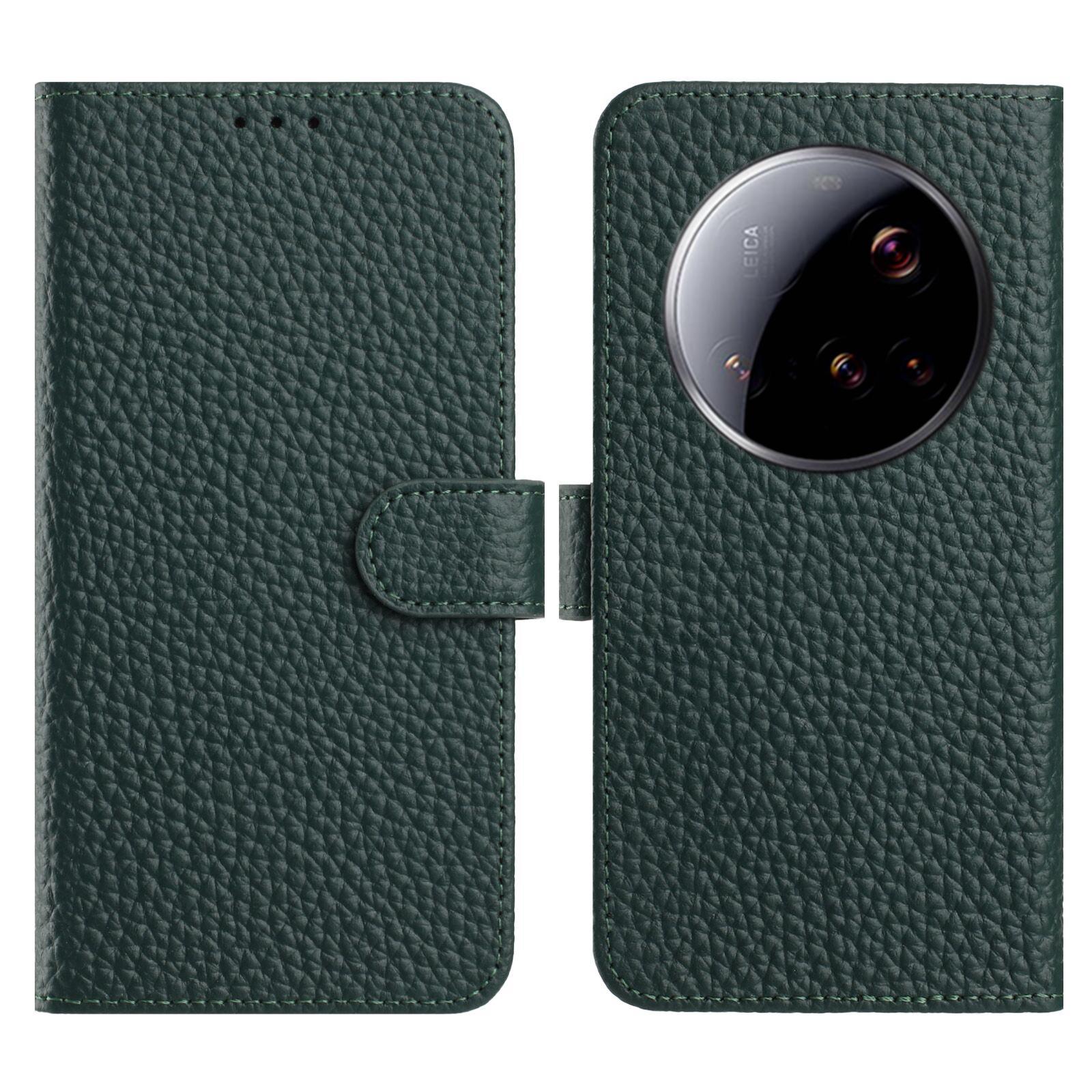 

For Xiaomi 15 Ultra Case Wallet Stand Litchi Texture Genuine Cow Leather Flip Phone Cover Green