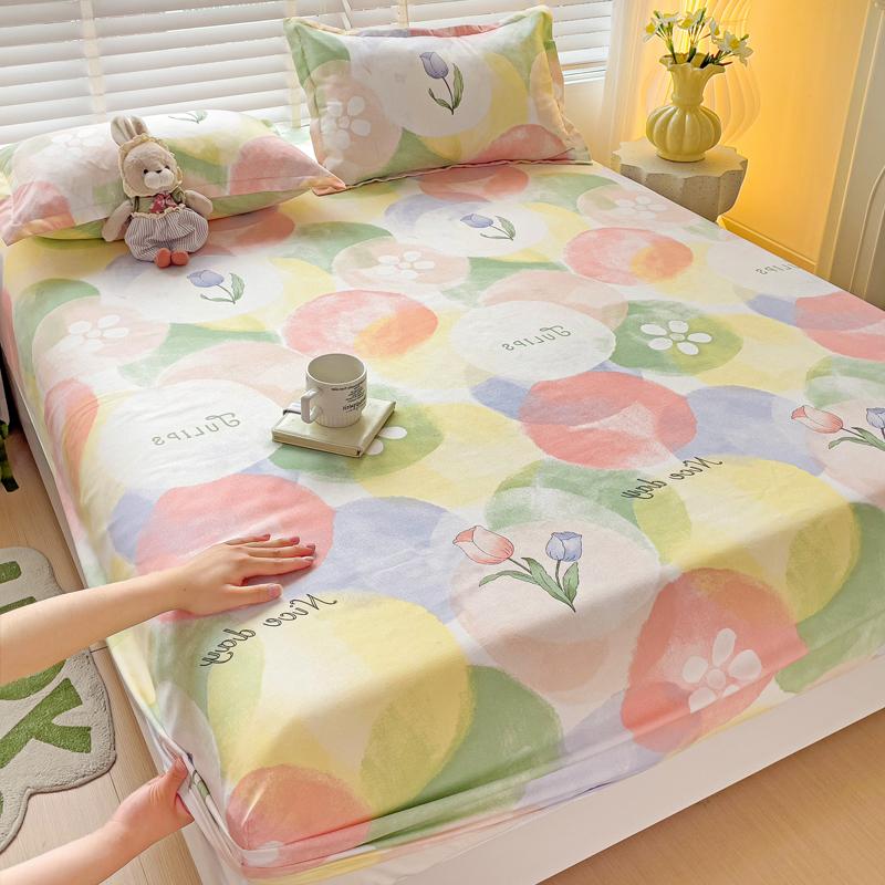 Queen Bed Sheets Set Tulips Printed drap de lit Floral Flower Style Fitted Sheet with Elastic Band Single Bed Linen for King Bed