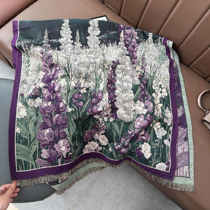 Autumn and winter new plant and flower printing scarf imitation cashmere fringed scarf women's high-end warm shawl