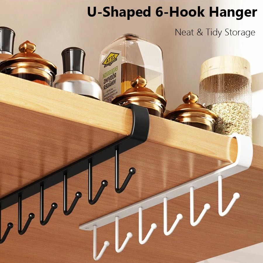 Kitchen Under Cabinet Hanging Hook Organizer Rack, No‑Drill Utensil Holder, Cabinet Shelf Hook for Mugs, Towels, Cooking Tools,