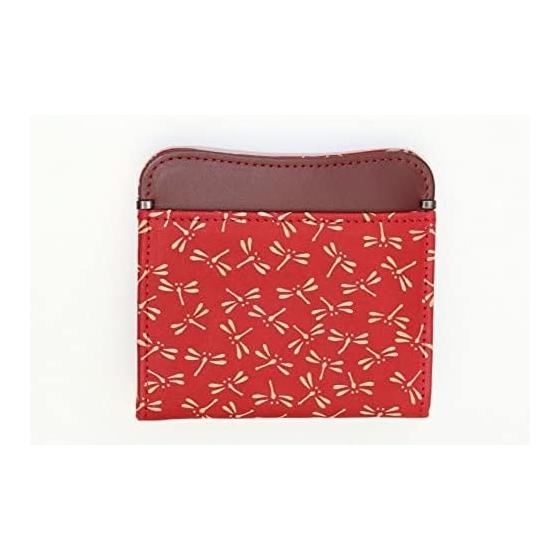 INDEN-YA Uehara Yushichi Genuine Leather Coin Purse with Card Holder, Model 1208, Red X White Dragonfly Pattern, Made In Japan