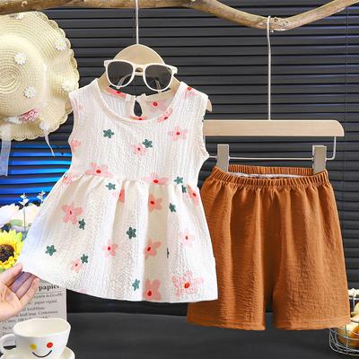 Wind Girls Short-sleeved Suit Summer New Children's Clothing Wholesale Girls and Toddlers Butterfly Print Shirt Two-piece Set