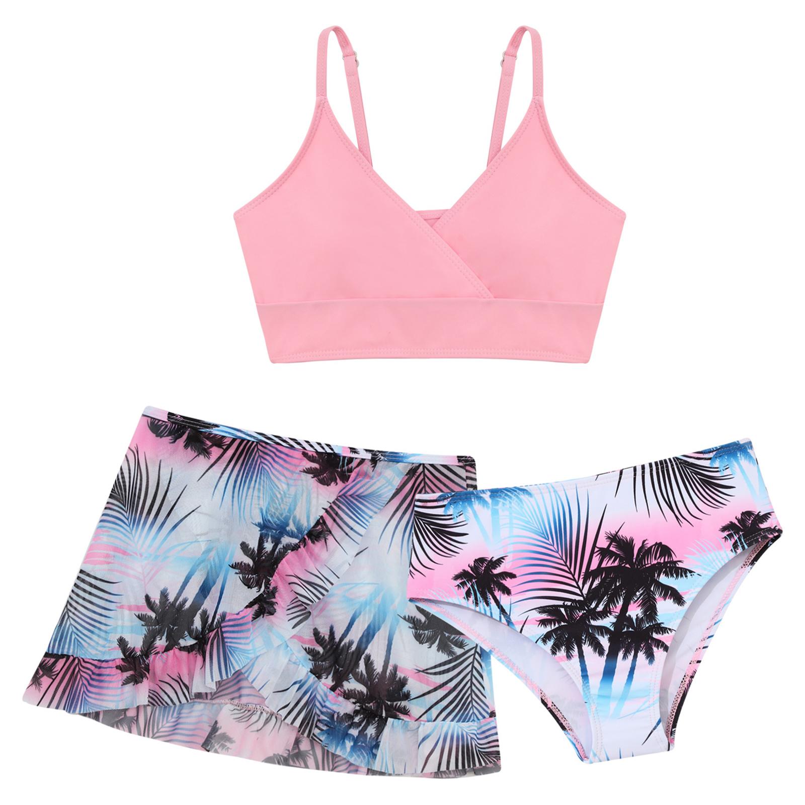 

Купальные костюмы для девочек, мягкий купальник-бикини из 3 предметов с прикрытой юбкой с цветочным принтом, пляжный купальник-танкини для серфинга 11-12 Years розовый