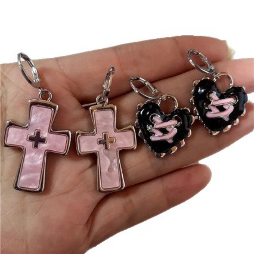 Korea Temperament Dopamine Pink Cross Heart Pendant Hoop Earrings for Women Gothic Hip-hop Party Stainless Steel Jewelry Gifts
