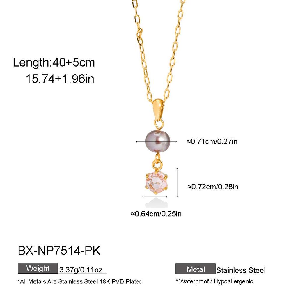 INS Style Luxury Hexagonal Gem Pearl Necklace with Titanium Steel Chain, European & American Fashion, 18K Gold Plated.