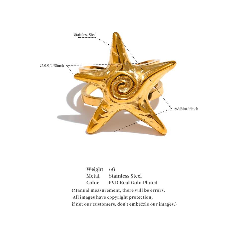 Eetit Anillo abierto de estrella de mar de acero inoxidable 316L ajustable de metal chapado en PVD de oro de 18 quilates, joyería personalizada de verano para vacaciones