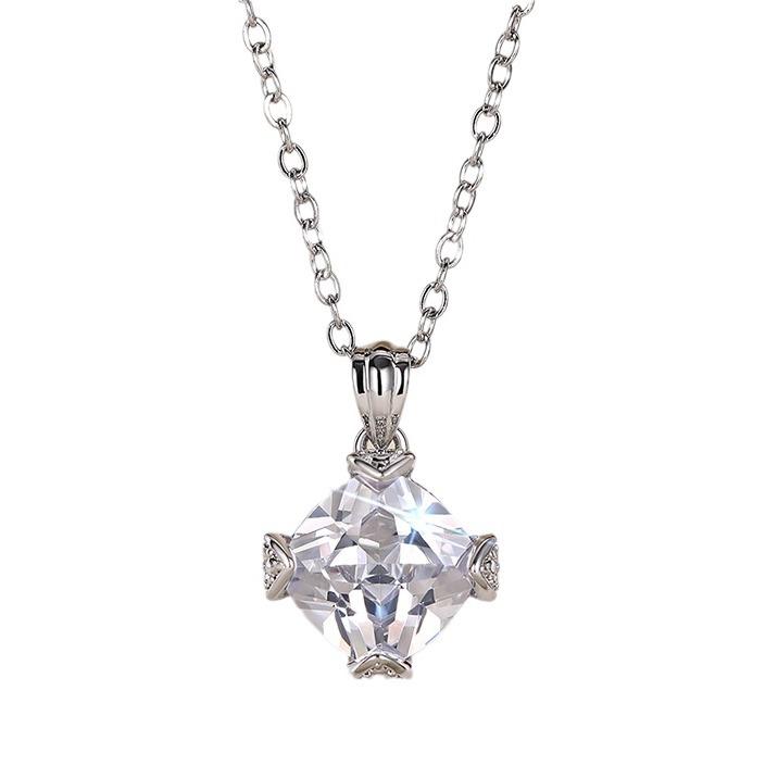 Silver Plated Square Cut Clear Zircon Pendant Necklace