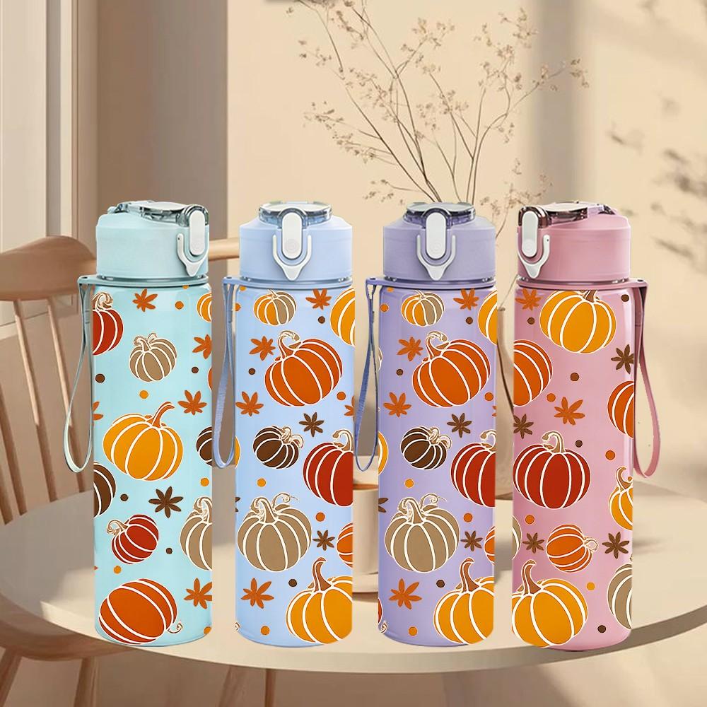 1PC Fall Pumpkin Seamless Pattern Print 750ml Color Plastic Sports Water Bottle Leakproof Flip Straw Lid Suitable for Sports Office Home Use