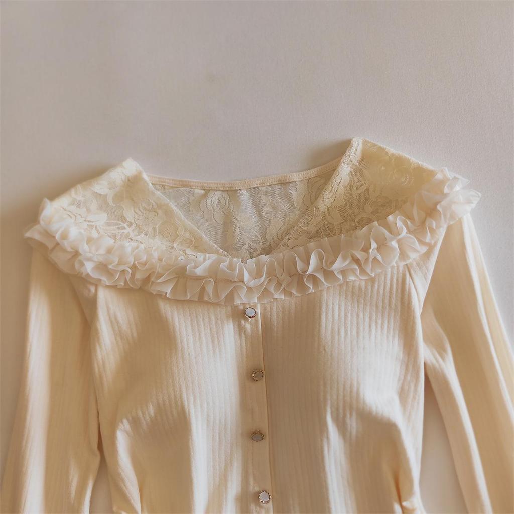 Women's Long Sleeve Lace Trim Pajama Set with Bra Pads - Pure Cotton, Two-Piece for Spring, Autumn, and Winter.