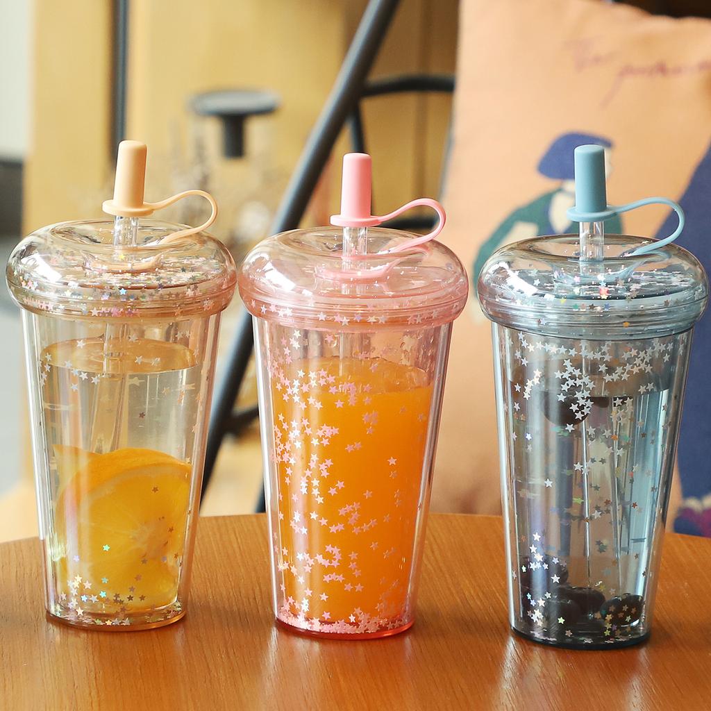 14.8oz Star Clear Tumbler With Straw Reusable Transparent Double-layer Water Bottle For Coffee Milk DIY Smoothie Cup Drink green