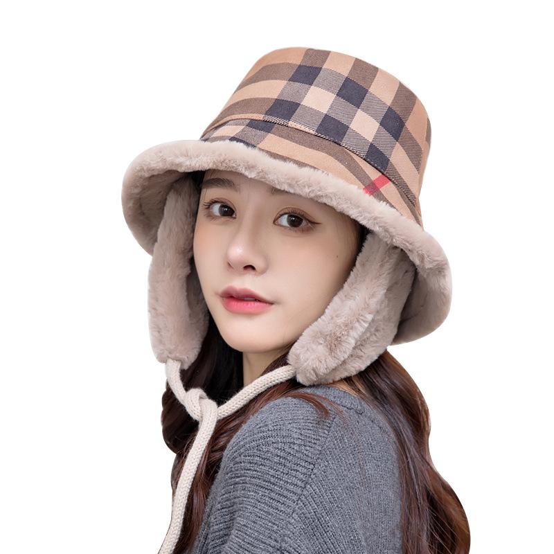Autumn And Winter Plaid Bucket Hat Women'S Velvet Warm Ear Protector Removable Basin Hat Japanese Short Brim Casual Tide