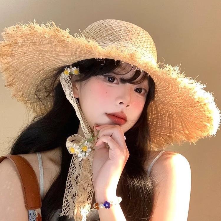 French Streamer Lafite Straw Hat Women's Summer Seaside Beach Vacation Sun Hat Large Brim Straw Shading Sun Protection Hat