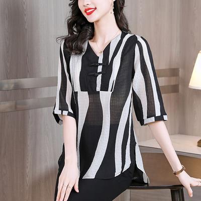 Vintage Chinese Disc Buckle Shirt Stylish Printed Women's Clothing Loose Short Sleeve Summer Elegant V-Neck Casual Blouse