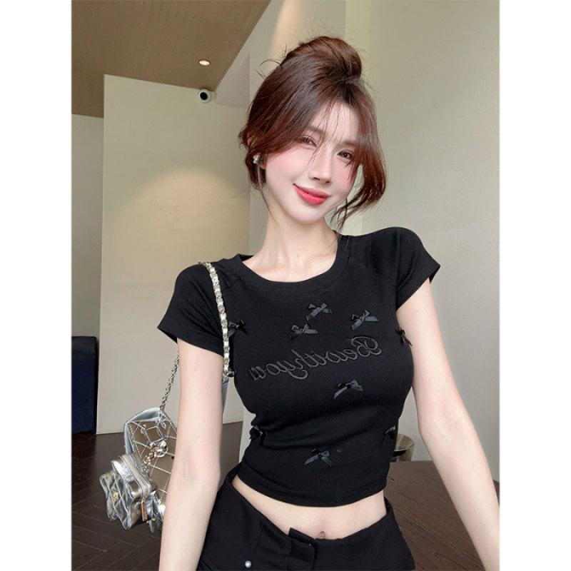 

Летняя футболка с вышивкой бантиком на плече, 2024: Женский утягивающий топ с коротким рукавом Extra Large чёрный