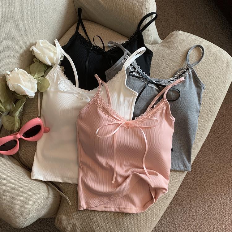 Spicy Girl Lace-Trim Camisole with Bowknot and Chest Pads