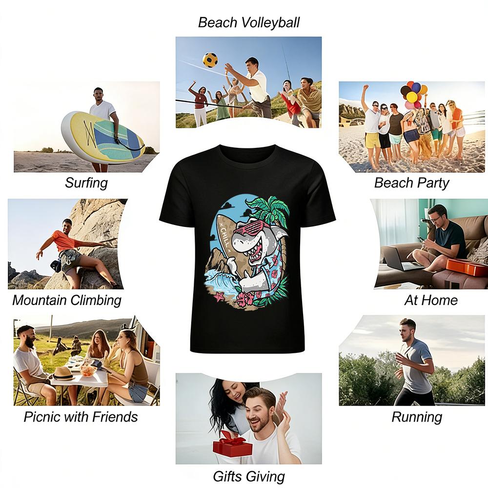 Funny Shark Surfing Print Casual Short Sleeve Summer Tee Pure cotton T-shirt