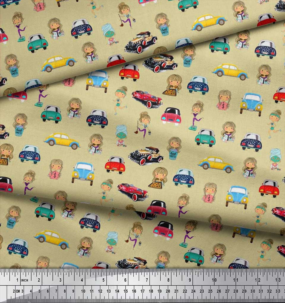 Soimoi Japan Crepe Satin Fabric Cartoon Girl & Car Transport Print Fabric by the Metre 42 Inch