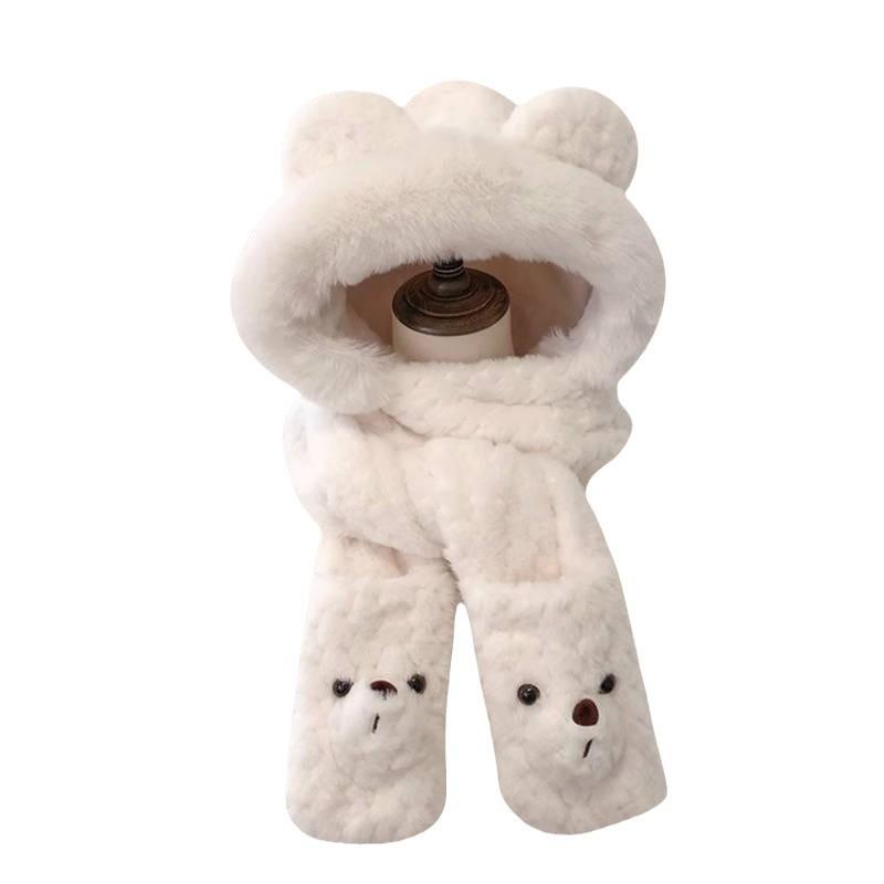 Hat Female Winter Warm Bear Three-Piece Set Plush Thickened Scarf Gloves Body Hat Cold Hat Cute Bear Ears