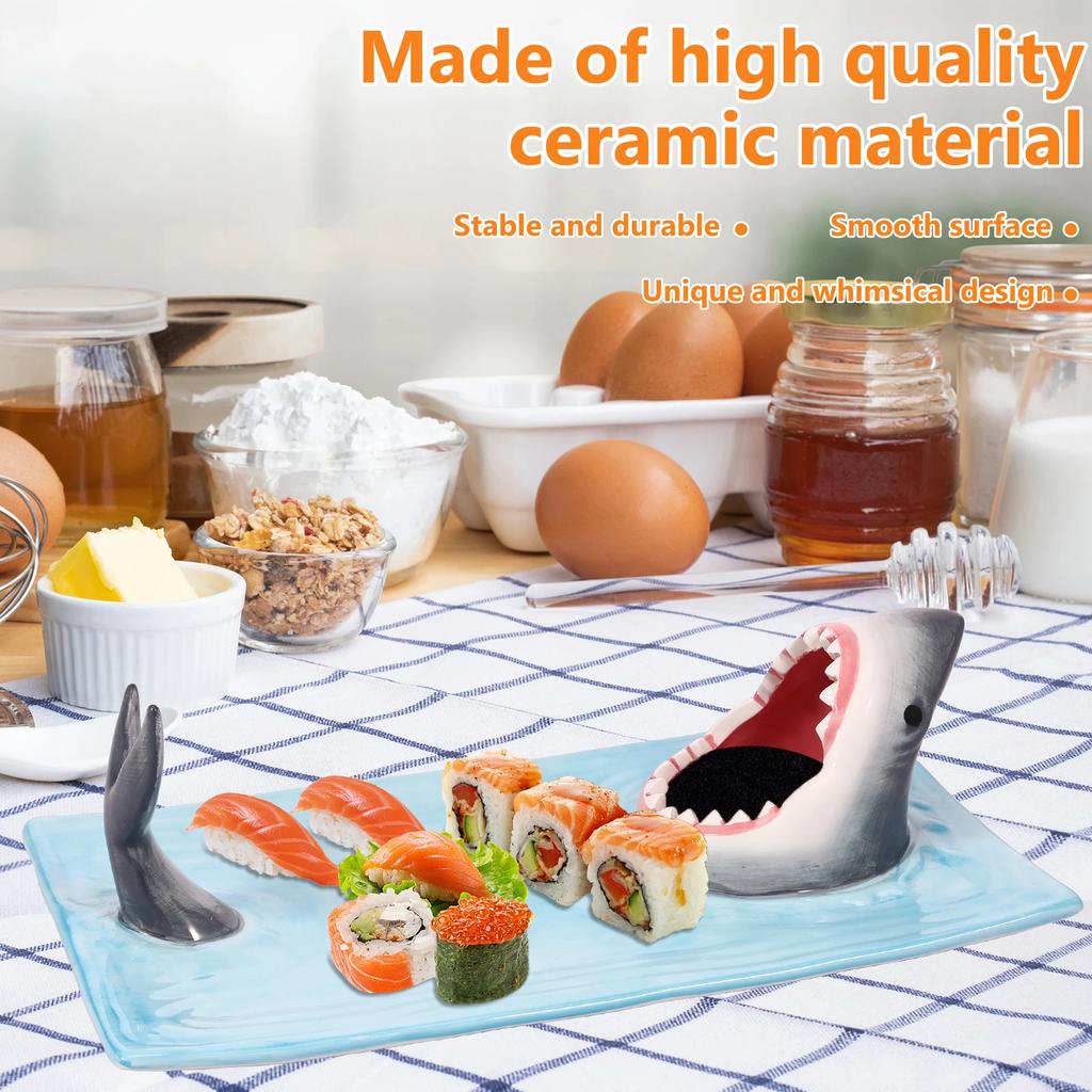 Sushi Serving Plate Ceramic Sushi Plate Shark Shape Porcelain Sushi Platter Porcelain Food Serving Trays with Soy Sauce Holder