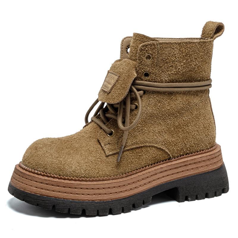 Leather thick-soled heightening rhubarb boots for women's autumn and winter new niche casual brown Martin big boots for women