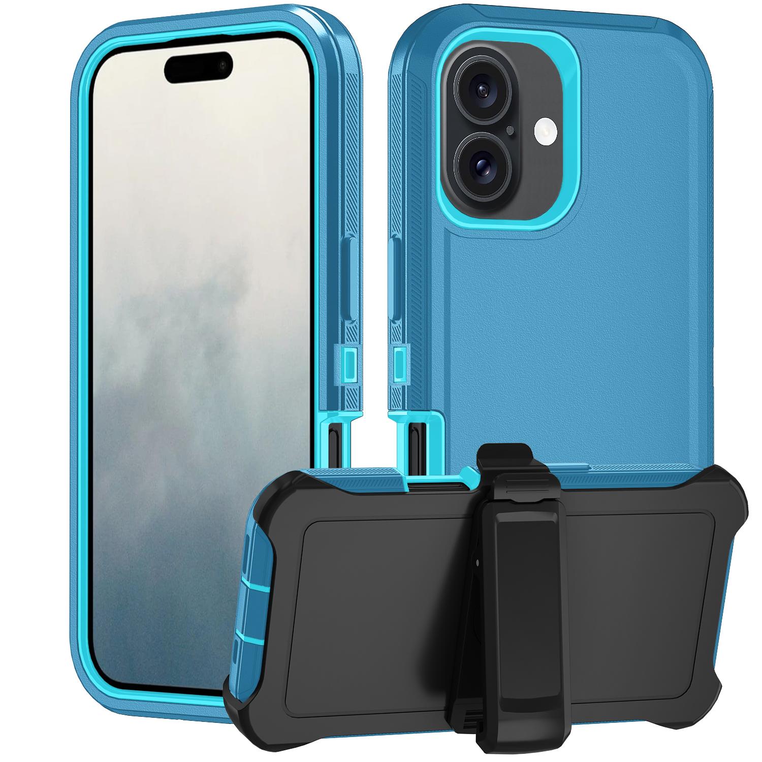 

For iPhone 17 Rugged Case PC+TPU Cell Phone Cover with Back Clip Kickstand Lake Blue