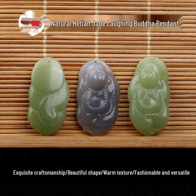Natural Hetian Jade Laughing Buddha Pendant Necklace