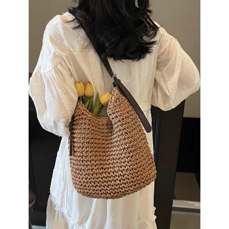 

Пасторальный праздничный стиль плетеная сумка-тоут женская 2025 лето новая приморская пляжная большая вместимость сумка на плечо сумка-ведро Khaki