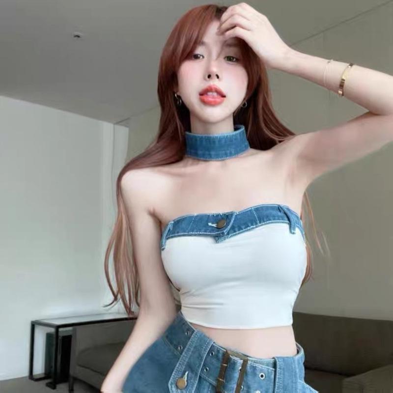 Color Block Patchwork Denim Bandeau Top - Trendy European American Summer Buttoned Sexy Short Top