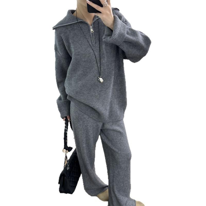 Casual Knitted Sweater Two-piece Set Autumn and Winter New Lapel Half Zipper Large Size Sweater Set Women
