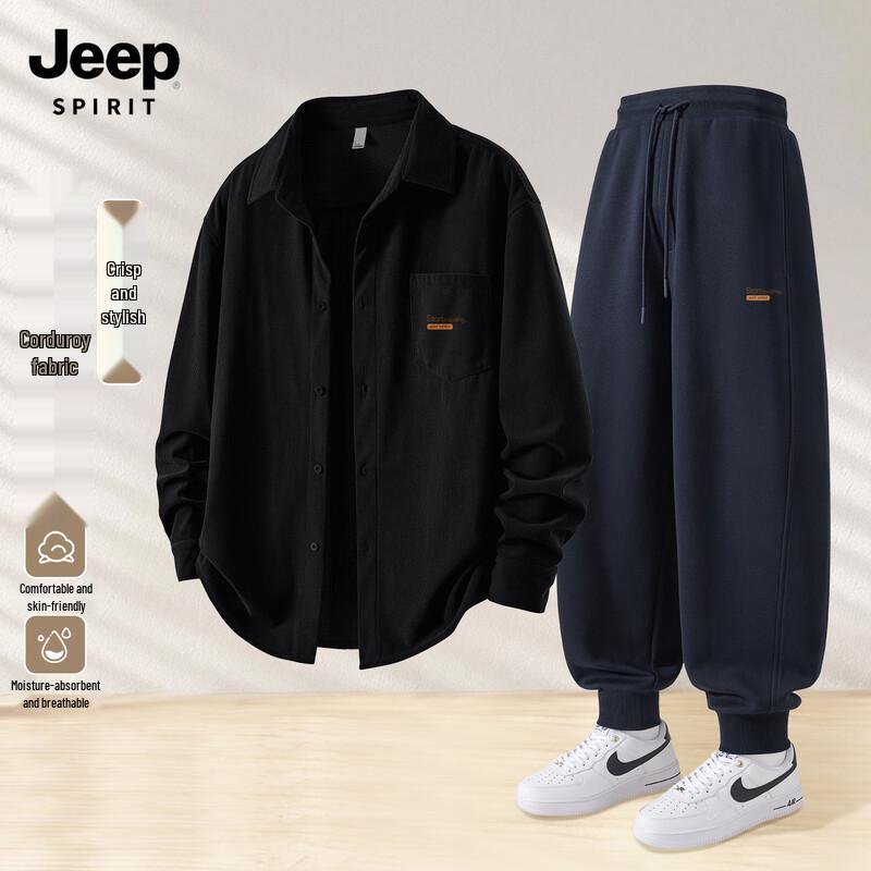 JEEP SPIRIT Men's Casual Corduroy Shirt & Sweatpants Set
