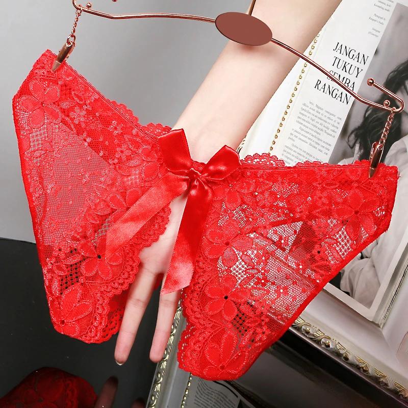 Sexy Underwear For Woman Lace Open Crotch Transparent G-Strings Thongs Low Waist Bow Female Tanga Hollow Briefs Lingerie