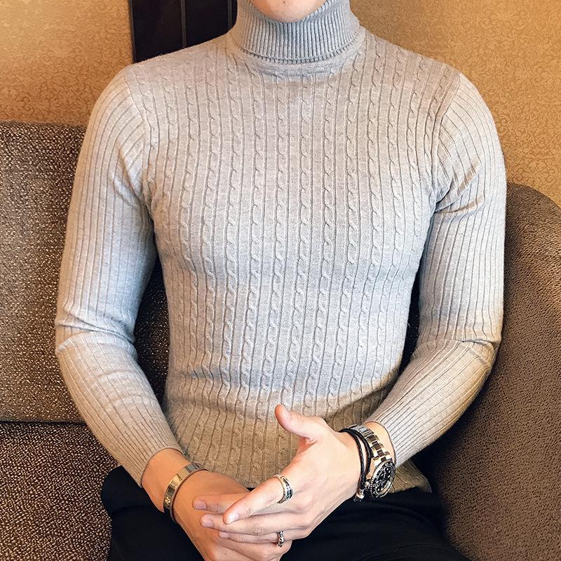 

Europe and The United States High-neck Men s Solid Color Twisted Sweater Youth Long-sleeved Knit Sweater Plus Size XXXL сірий