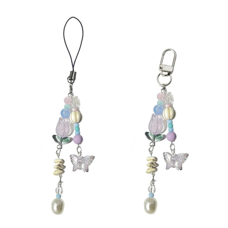 Unique Butterfly Phone Charm Fashionable Decorative Bead Keychain Lanyard Bag Pendant Accessory for Women Girls