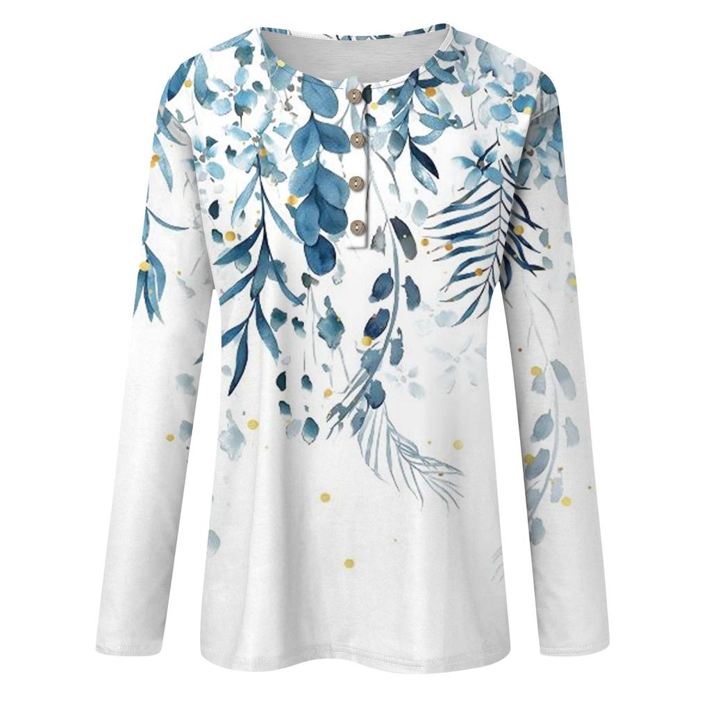 Damen Neues T-Shirt mit Knopfkragen, modischer Druck, lange Ärmel, Retro-Druck, schmales Oberteil, lässige Oberteile