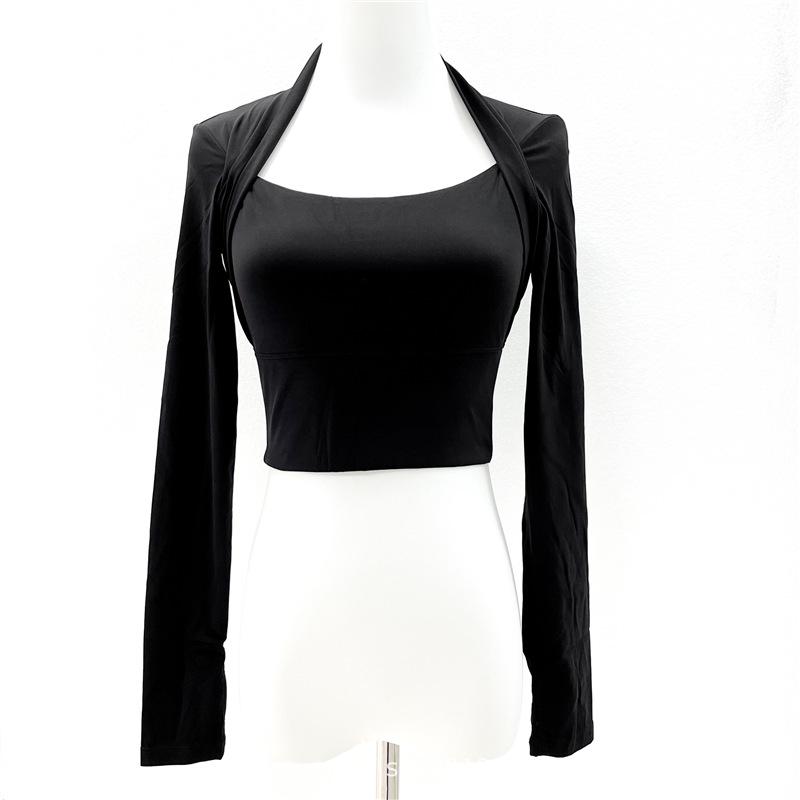 

Женский топ для йоги с длинным рукавом, со встроенным бюстгальтером и плиссированным дизайном M чёрный