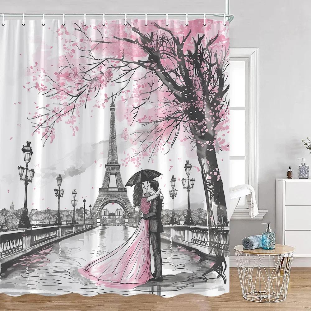 Pink Fashion Romantic Shower Curtain Paris Landscape dress Pink Bathroom Decoration Modern Bathroom Curtain with Hook